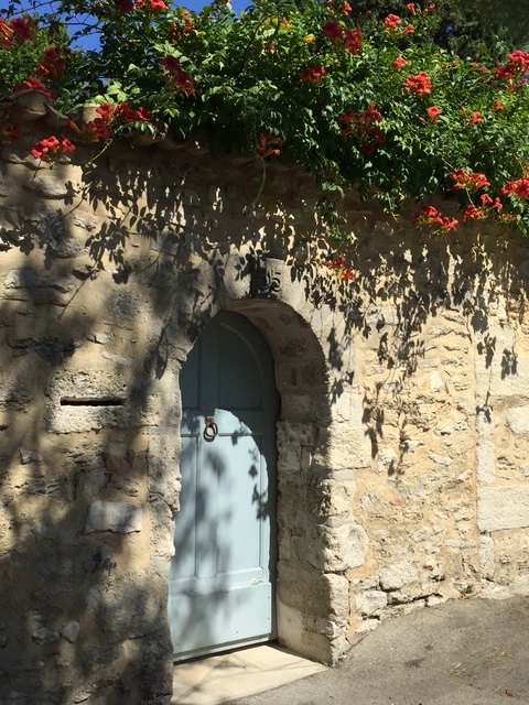 Pale blue arched door in a stone wall under trumpet vine